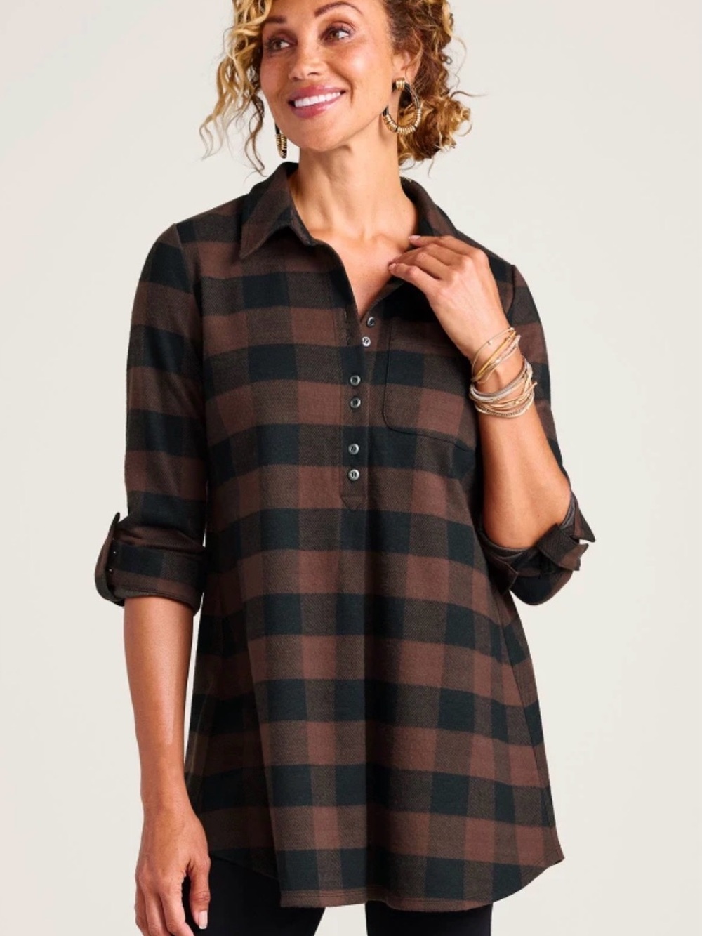 Soft Surroundings Brown and Black Plaid Roll-Sleeve Tunic